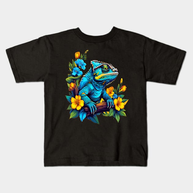 Chameleon Surrounded by Vibrant Spring Flowers Kids T-Shirt by BirdsnStuff